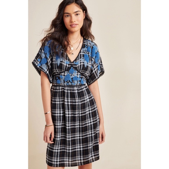 Anthropologie Sarah Plaid Embroidered Dress New - Picture 3 of 13